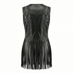 Western style black leather corset vest with fringe details on a white background