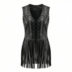 Women Black leather corset top with chain detail and fringe