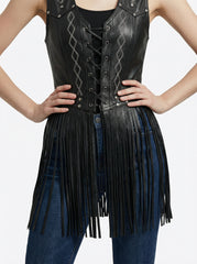 Women black faux leather corset lace up front view