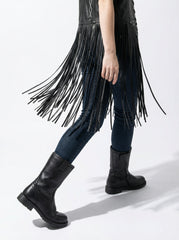 Women Black Leather Corset Top – Lace Up Fringe Statement Vest
