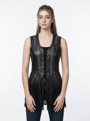 Gothic Black leather corset vest with fringe, chains and studs details on a white background