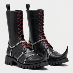 Gothic Leather Boots for Women, Black Chain Combat Boots, Cyberpunk Witch Boots, Medieval Fantasy Punk Platform Boots