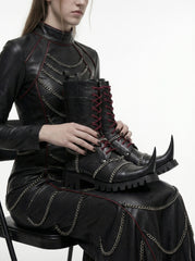 Gothic Leather Boots for Women, Black Chain Combat Boots, Cyberpunk Witch Boots, Medieval Fantasy Punk Platform Boots