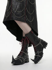 Gothic Leather Boots for Women, Black Chain Combat Boots, Cyberpunk Witch Boots, Medieval Fantasy Punk Platform Boots