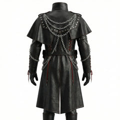 back View of Men’s Black Gothic Leather Long Coat Outfit | leather trench coat | Red Lace Up with Chains leather coat - Rizwards Leather
