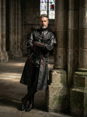 View of Men’s Black Gothic Leather Long Coat Outfit | leather trench coat | Red Lace Up with Chains leather coat - Rizwards Leather