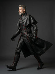 walking View of Men’s Black Gothic Leather Long Coat Outfit | leather trench coat | Red Lace Up with Chains leather coat - Rizwards Leather