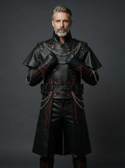 front close View of Men’s Black Gothic Leather Long Coat Outfit | leather trench coat | Red Lace Up with Chains leather coat - Rizwards Leather