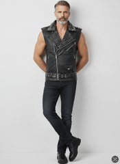 Mens Spiked Collar leather vest in black with punk vest style, motorcycle vest fit, and cyberpunk goth clothes look