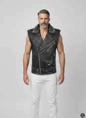 Black leather vest for men with sleeveless motorcycle vest design, fitted vest pattern, and bold punk vest styling