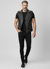 Front view of larp leather vest for mens with viking vest, vest renaissance, and motorcycle vest inspired black leather style