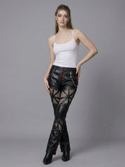 Handmade Women's Leather Pants, Black Gothic Cyberpunk Pants, Mesh Cutout Leather Trousers, Womens Leather Pants, Punk Moto Pants