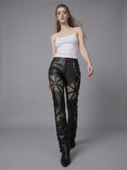 Handmade Women's Leather Pants, Black Gothic Cyberpunk Pants, Mesh Cutout Leather Trousers, Womens Leather Pants, Punk Moto Pants