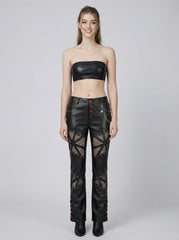 Handmade Women's Leather Pants, Black Gothic Cyberpunk Pants, Mesh Cutout Leather Trousers, Womens Leather Pants, Punk Moto Pants