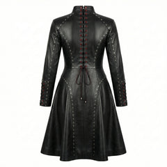 High Neck Black Leather Corset Dress | Gothic Dress with Studs | Victorian Goth Fit and Flare goth clothes for women