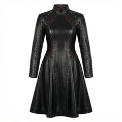 High Neck Black Leather Corset Dress | Gothic Dress with Studs | Victorian Goth Fit and Flare goth clothes for women