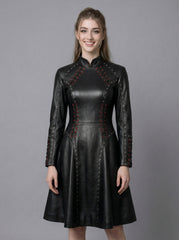 Black leather fit and flare dress for women with high neck collar, long sleeves, gothic styling, and knee length skirt