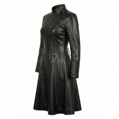 High Neck Black Leather Corset Dress | Gothic Dress with Studs | Victorian Goth Fit and Flare goth clothes for women