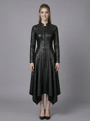 woman wearing black leather gothic maxi dress with lace up corset front