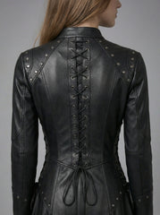 Structured leather gothic gown with studded shoulders