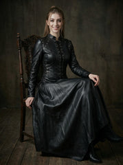 Black leather formal gothic dress with tailored fit