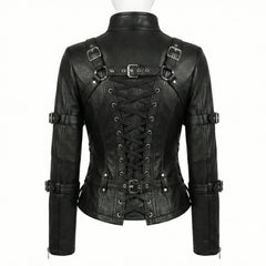 Product front view of black leather corset punk jacket with buckle collar, side lacing, and harness hardware - Rizwards Leather