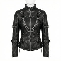 Mannequin front view of black leather gothic steampunk jacket with chain detail, high collar, and waist buckles - Rizwards Leather