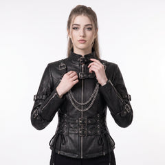 Front view of black leather gothic punk jacket with buckle collar, fitted waist, corset lacing, and chain detail - Rizwards Leather