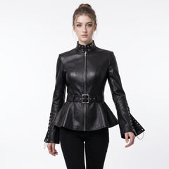 Womenβs black leather jacket with leather corset belt, front zipper, buckle waist, gothic punk battle jacket design, and Halloween jacket look - Rizwards Leather