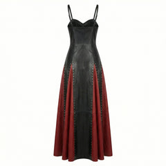 black and red leather maxi dress back view with fitted waist and full length flared skirt