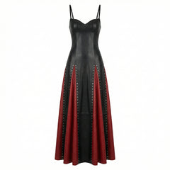 black leather maxi dress with red contrast panels and studded detailing front view
