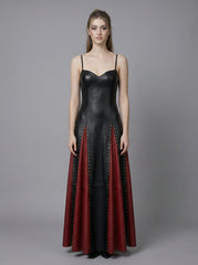 black and red leather maxi dress front view with studded vertical panels