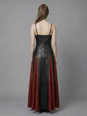 black leather gown back view with fitted waist and full-length skirt