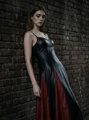 black and red leather evening gown worn for gothic inspired styling