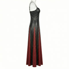 long leather evening dress side view with sculpted bodice and flowing skirt