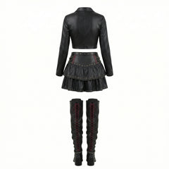 Cropped black leather jacket women paired with gothic mini skirt