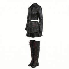 gothic black leather two piece skirt set with crop top and knee high boots