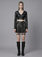 black leather two piece skirt set gothic outfit