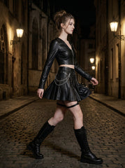 punk leather skirt set with chains