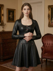 Handmade Women's Black Leather Mini Dress | Gothic Leather Corset Dress | Long Sleeve Fit & Flare Dress | Goth Clothing | Punk Rock Fashion