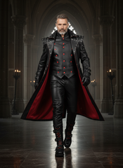 Men’s gothic leather trench coat outfit with red lining, studded shoulders, leather vest, pants, and boots in dark cathedral style - Rizwards leather
