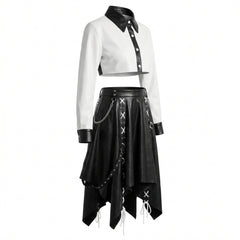 black and white leather two piece skirt set with crop top and handkerchief hem skirt on white background