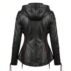Women’s Black Leather Punk Jacket | Hooded Cyberpunk Leather Harness | Durable Repairable Natural-Material Goods | Battle-Worn Aging Leather
