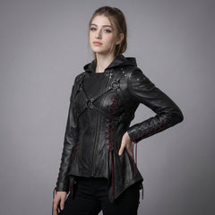 Women’s Black Leather Punk Jacket | Hooded Cyberpunk Leather Harness | Durable Repairable Natural-Material Goods | Battle-Worn Aging Leather