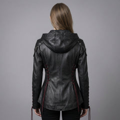 Women’s Black Leather Punk Jacket | Hooded Cyberpunk Leather Harness | Durable Repairable Natural-Material Goods | Battle-Worn Aging Leather