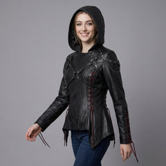 Women’s Black Leather Punk Jacket | Hooded Cyberpunk Leather Harness | Durable Repairable Natural-Material Goods | Battle-Worn Aging Leather