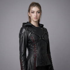 Women’s Black Leather Punk Jacket | Hooded Cyberpunk Leather Harness | Durable Repairable Natural-Material Goods | Battle-Worn Aging Leather