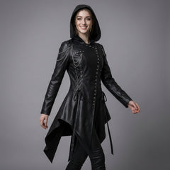 Women’s Durable, Repairable Black Leather Tailcoat Jacket | Battle-Worn Aging Leather Natural-Material Goods | Cyberpunk Jacket | Goth Clothes