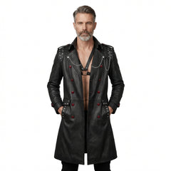 Men Gothic Leather Trench Coat | Long Black Trench Coat | Mens Studded Leather Long Coat | Cyberpunk Goth Clothes Plus Size