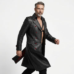 Men Gothic Leather Trench Coat | Long Black Trench Coat | Mens Studded Leather Long Coat | Cyberpunk Goth Clothes Plus Size